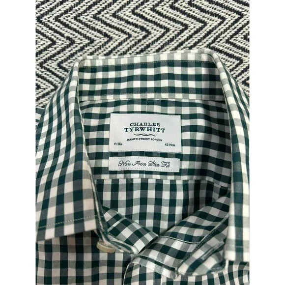 Charles Tyrwhitt Green & White Gingham Non-Iron Slim Fit Dress Shirt Size 17.5/3 - Picture 6 of 6